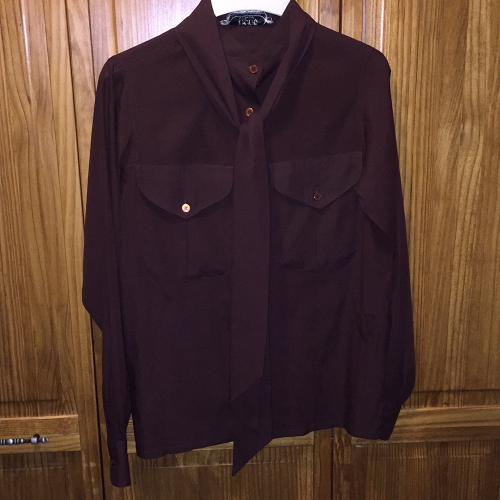 Brown silky button down blouse